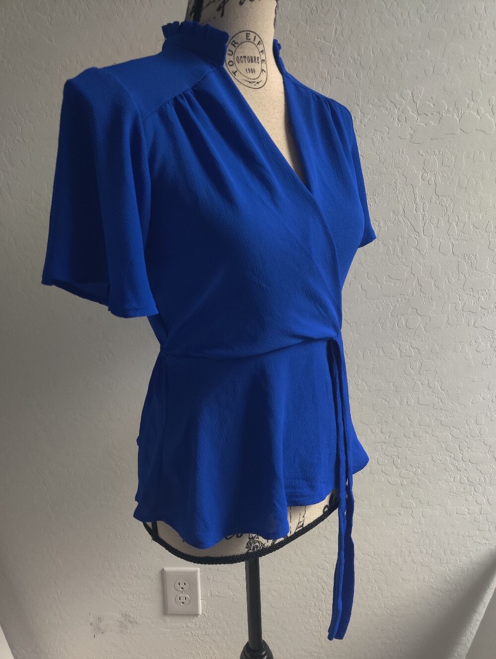 🆕 Monteau Royal Blue High Collar Flutter Sleeves Wrap Style Peplum Top_Small - Picture 5 of 9